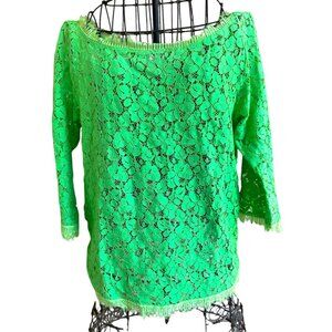 Weston Wear Anthropologie  Francisco Top Medium Lime Green Crochet Fringe EUC